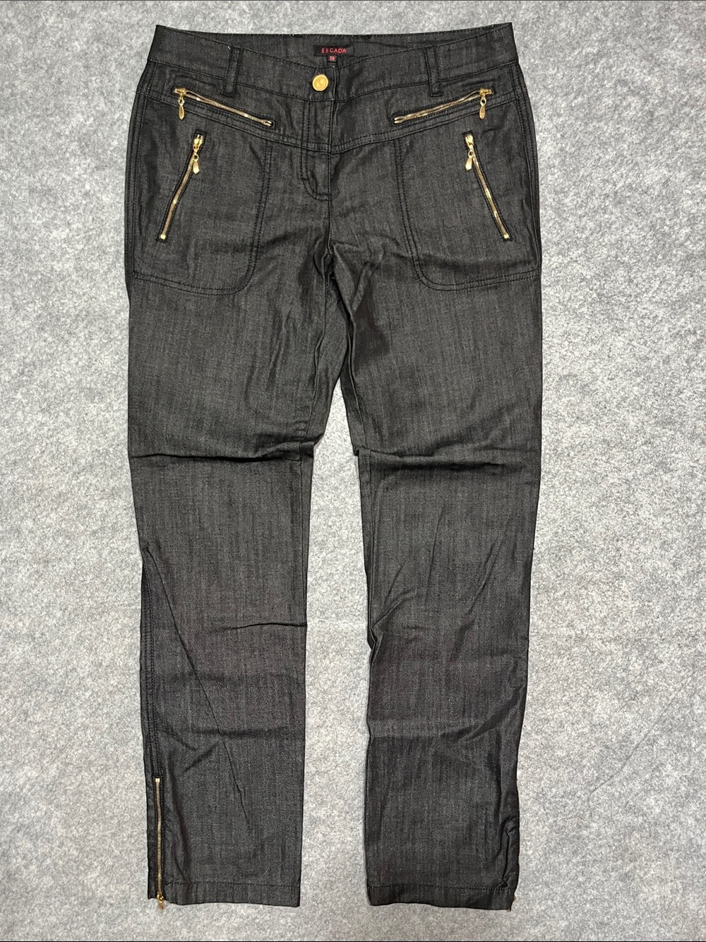 Escada Black Skinny Jeans with Gold Zip Accents